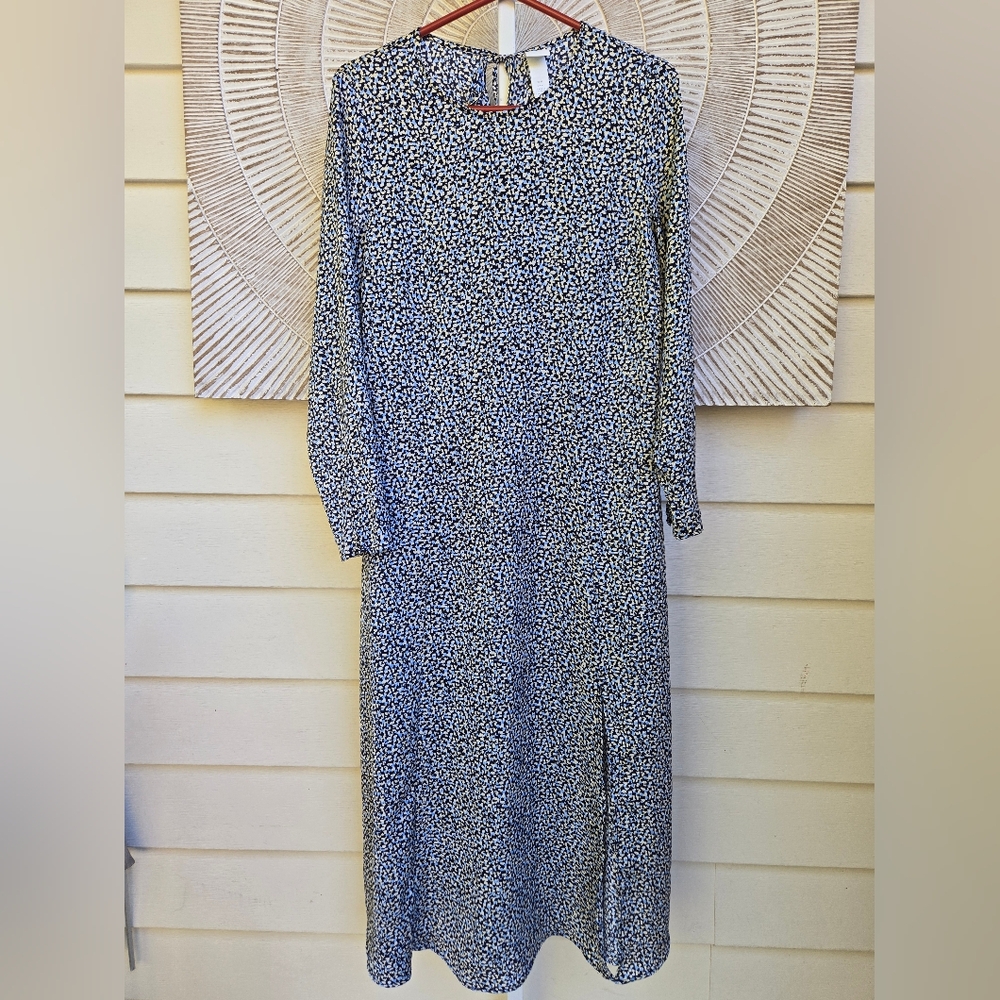 H&M Tie Back Ditsy Print Long Sleeve Maxi Dress Sz M Blue Yellow Black White